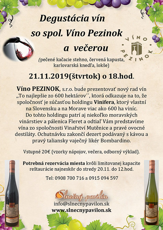 Degustácia vín so spoločnosťou Víno Pezinok a večerou (21.11.2019)